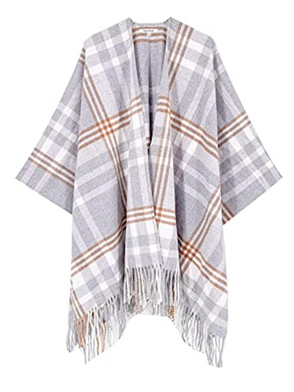 Plaid Poncho Shawl Wrap Cape Fringe Grey Open Front One Size Fall Winter Soft